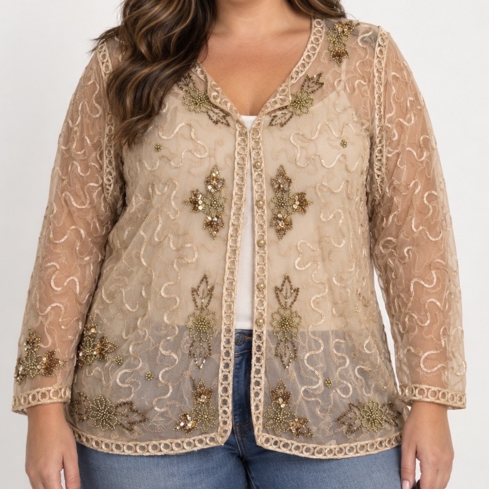 Gold Beaded Embroidered Mesh Jacket Womens L Sheer Floral Evening Formal Boho